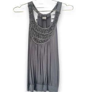 Sushiflower embellished tank. Grey. Beaded on tshirt material. Medium.